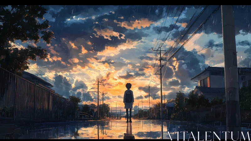 Sunset rain paints a quiet street where a young dreamer waits