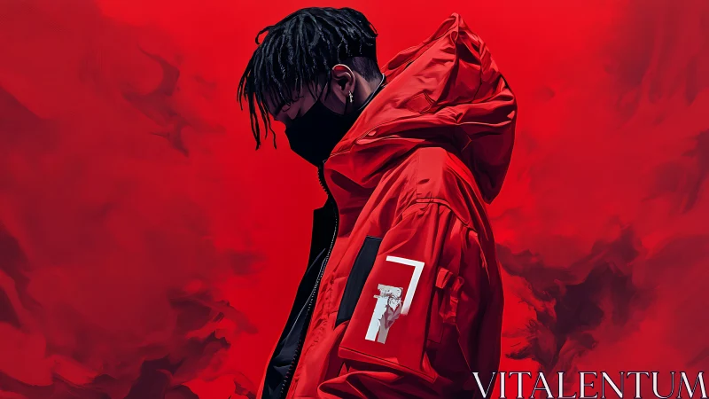 Hooded figure in red technical jacket against abstract crimson field