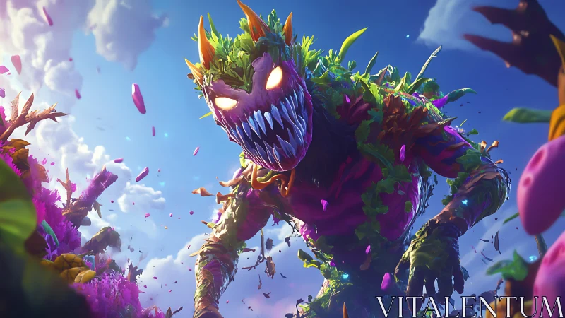 Luminous jungle titan storms through a candy-colored sky.