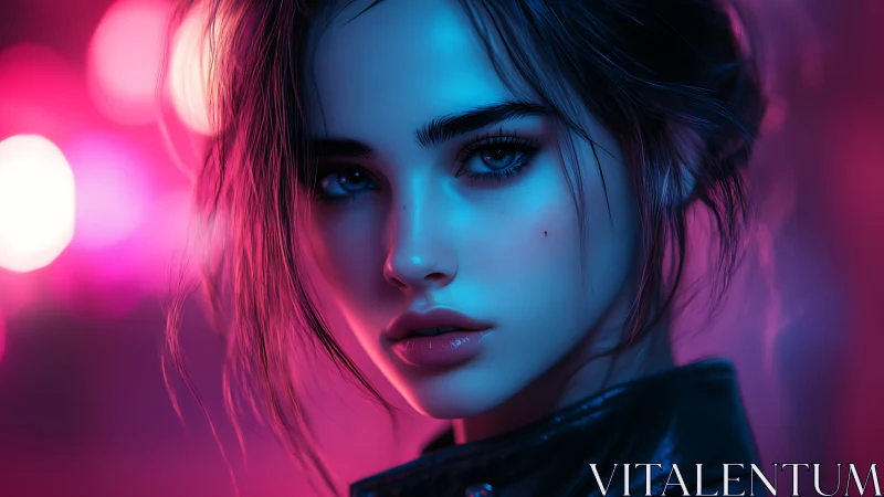 Moody neon portrait of a thoughtful girl in soft city glow.