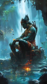 Mythic warrior statue in bioluminescent waterfall grotto