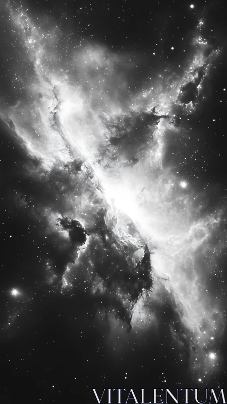 Monochrome deep space nebula with dense star field.