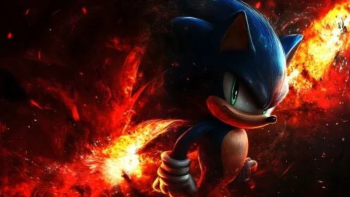 Dynamic blue hedgehog rendered against explosive inferno backdrop