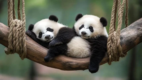 Sleepy baby pandas cuddle together on a wooden branch.