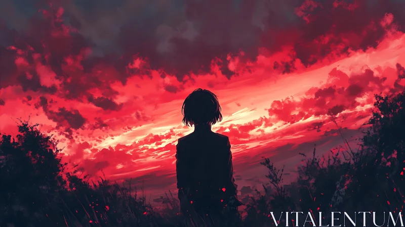 Silhouette observing intense red sunset sky from field.