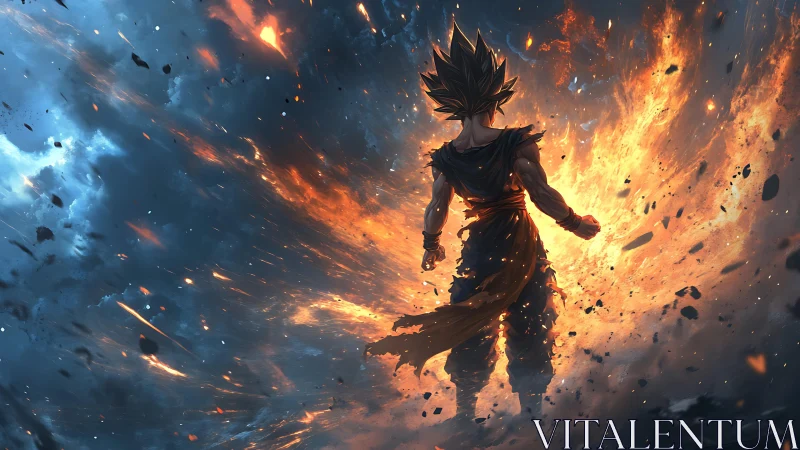 Dynamic anime warrior in explosive elemental energy field.