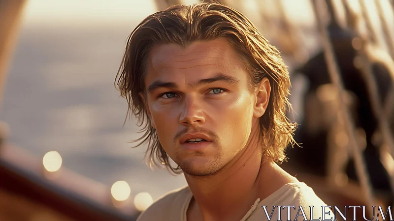 Sunlit sailor portrait on deck in cinematic close-up.