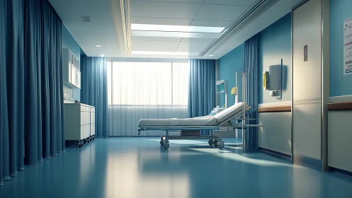 Modern empty hospital room with single adjustable bed.