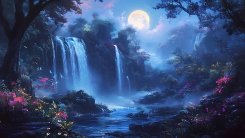 Lunar-lit cascades in a chromatic fantasy forest tableau.