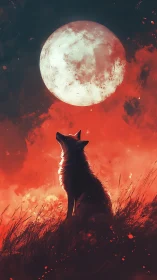 Silhouetted canid sits below full moon within red sky