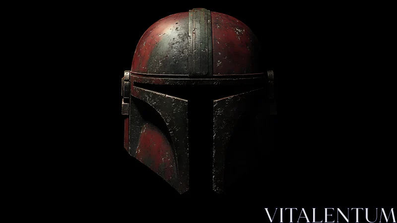 Worn red and black sci fi combat helmet on dark background.
