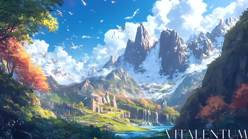 Fantasy valley landscape shows ruined fortress below snowy peaks