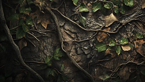 Earthy tree bark and ivy weave a calm forest tapestry