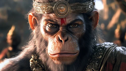 Regal monkey warrior king crowned in golden mythic armor.