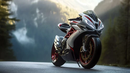 High-performance sport motorcycle on alpine forest roadway