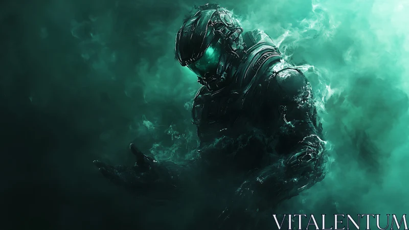 Mysterious armored wanderer rising from glowing cosmic mist.