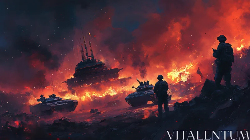 Armored columns advance through a blazing battlefield inferno