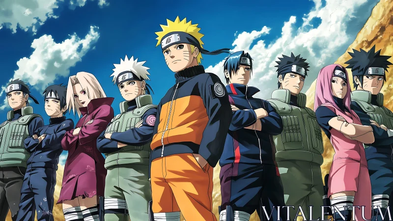 Naruto ninja squad stands united beneath drifting clouds.