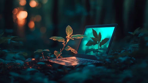 Forest laptop glow where tender new leaves meet screens.
