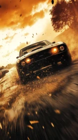 High-speed muscle car drift with dynamic motion blur trail