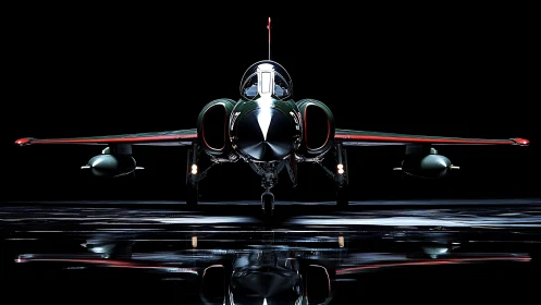 Midnight strike jet poised like a chrome-winged predator.