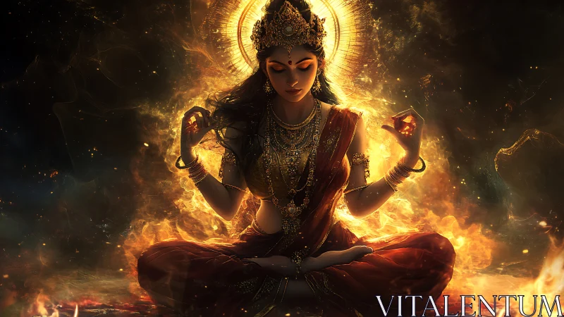 Radiant goddess meditates in a glowing circle of fire