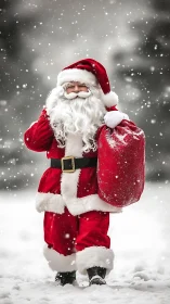 Jolly Santa Claus walks through soft falling Christmas snow