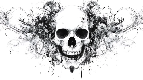 Symmetric ink-rendered skull with splatter filigree expansion