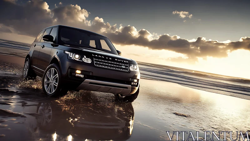 SUV drives on wet beach sand under dramatic sunset sky