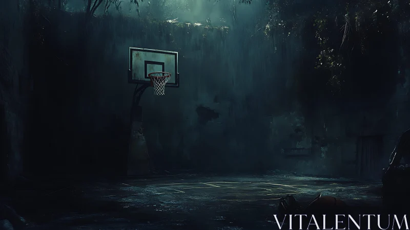 Abandoned urban basketball court rendered in moody digital chiaroscuro