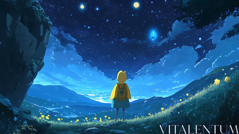 Child under a starry sky meeting a gentle glowing spirit.