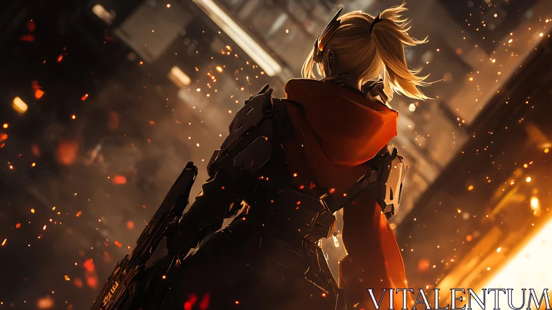 Armored figure stands in ember-lit corridor with weapon ready