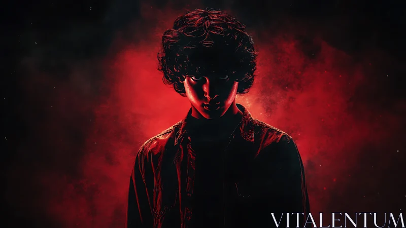 Crimson halo around a shadowed curly haired night watcher.