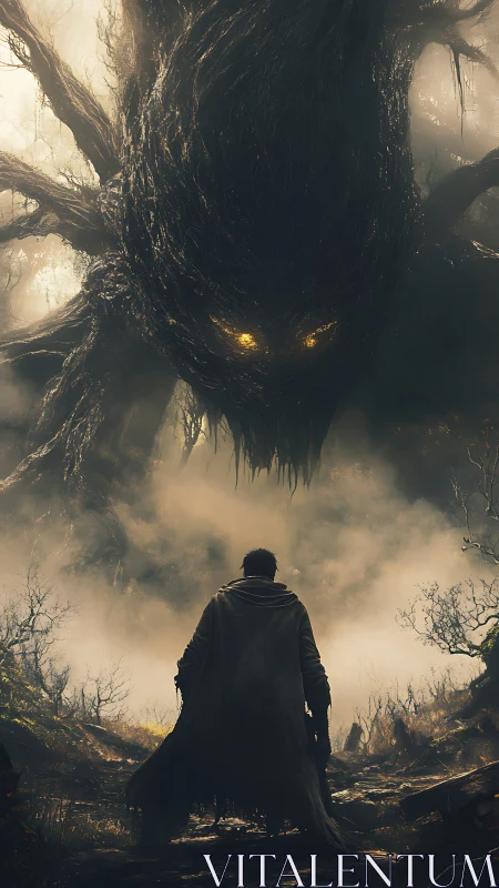 Lone cloaked wanderer confronts colossal forest shadow