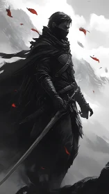 Masked swordsman in black cloak on misty mountain ridge.