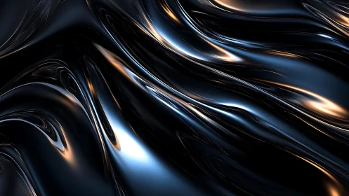 Abstract metallic fluid waves in glossy black and gold digital art.