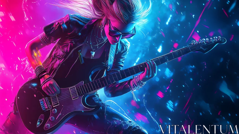 Electric guitarist in neon cyberpunk concert scene.