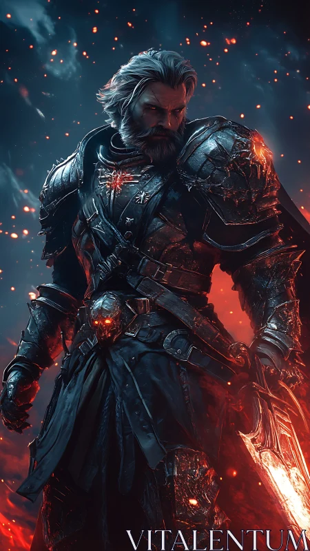 Armored warrior stands in glowing embers holding flaming sword