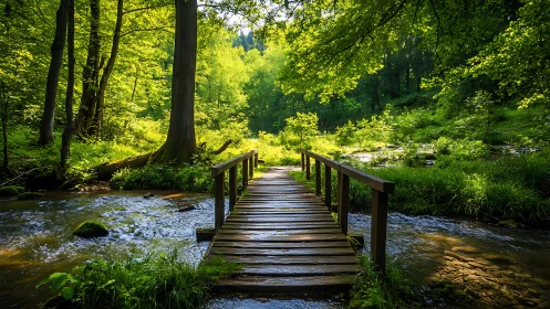 Wooden footbridge over forest stream in vibrant morning light.