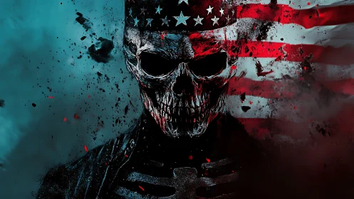 Skull-headed figure before fragmented American flag backdrop.