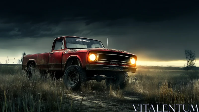 Weathered red pickup with off-road lift under stormy rural sky