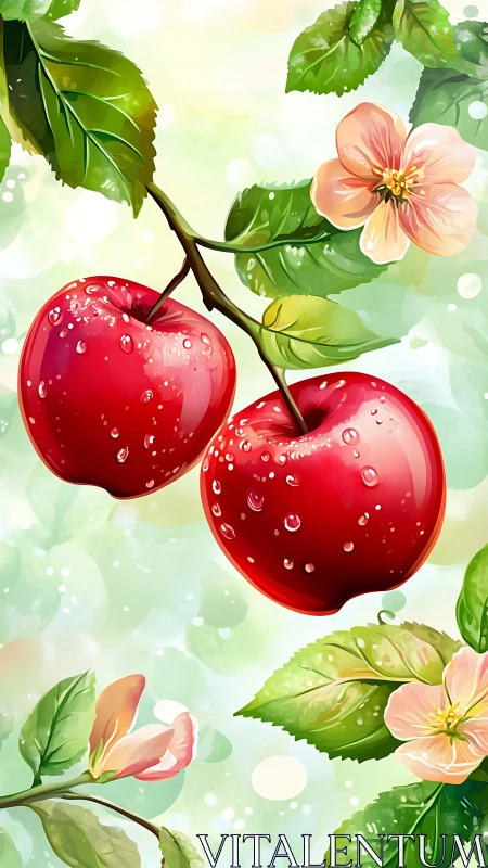 Two red apples hang from a branch amid leaves and blossoms