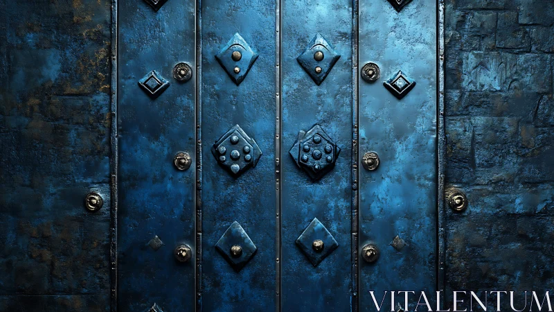 Blue metal door with geometric studs and textured surface.