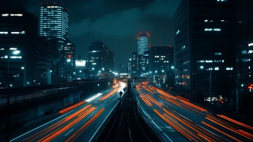 Rivers of light streak through a calm midnight cityscape