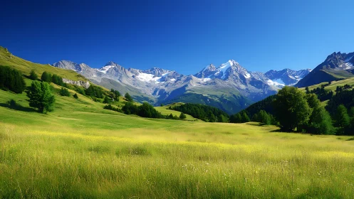 Alpine meadows glow beneath crystal peaks and endless blue.