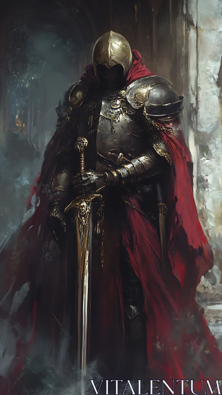 Gothic armored knight with crimson cloak, vertical digital study.