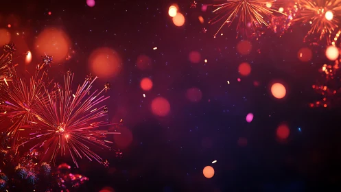 Colorful red fireworks burst against dark night sky.