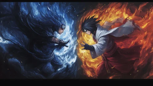 Two opposing ninja figures confront within blue and orange energy