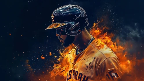 Digital painting of intense baseball player in fiery composition.