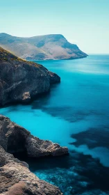 Rocky turquoise coastline curves along calm azure sea